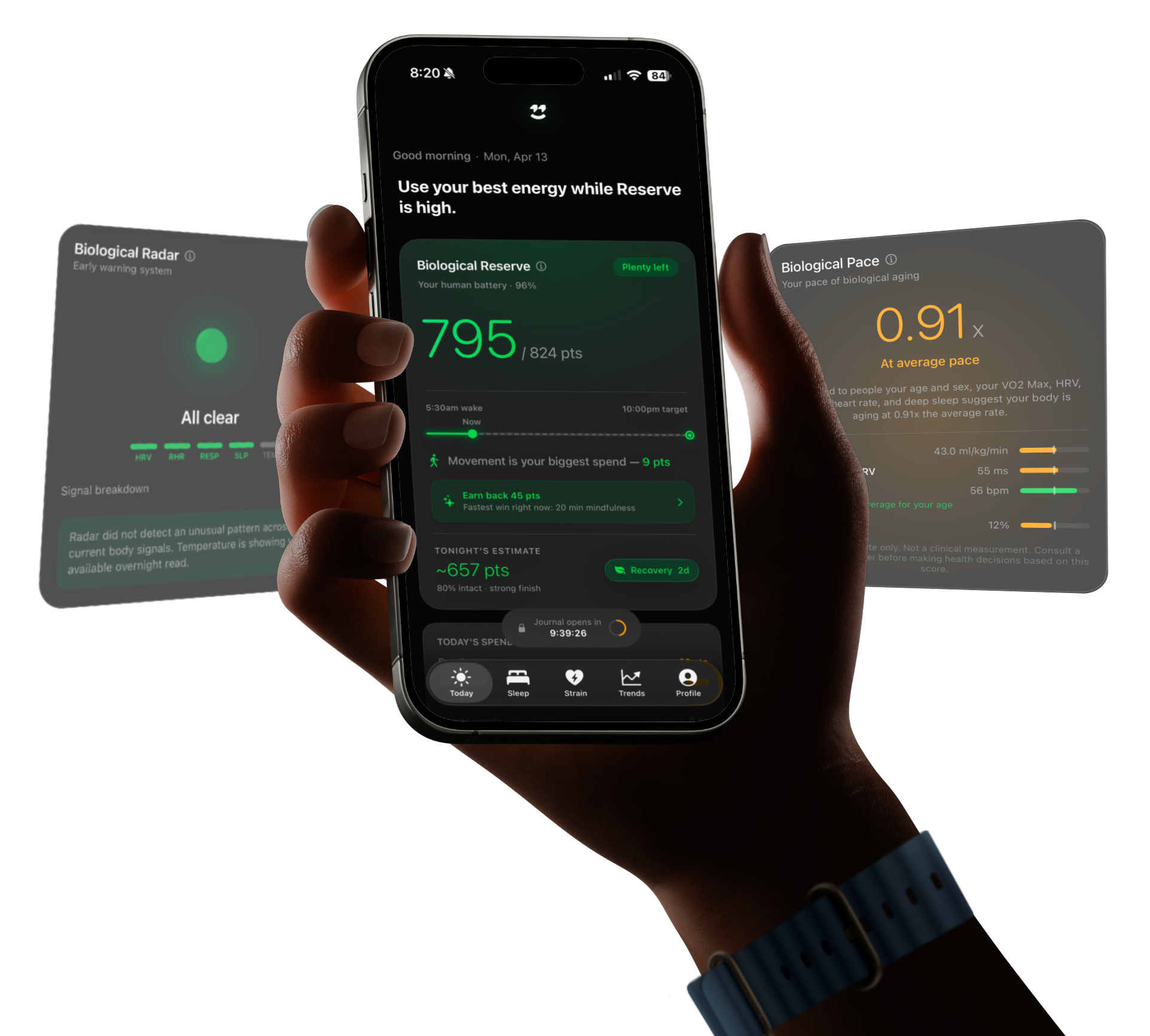 Supernormal app on two iPhones and Apple Watch showing Biological Reserve and Biological Pace