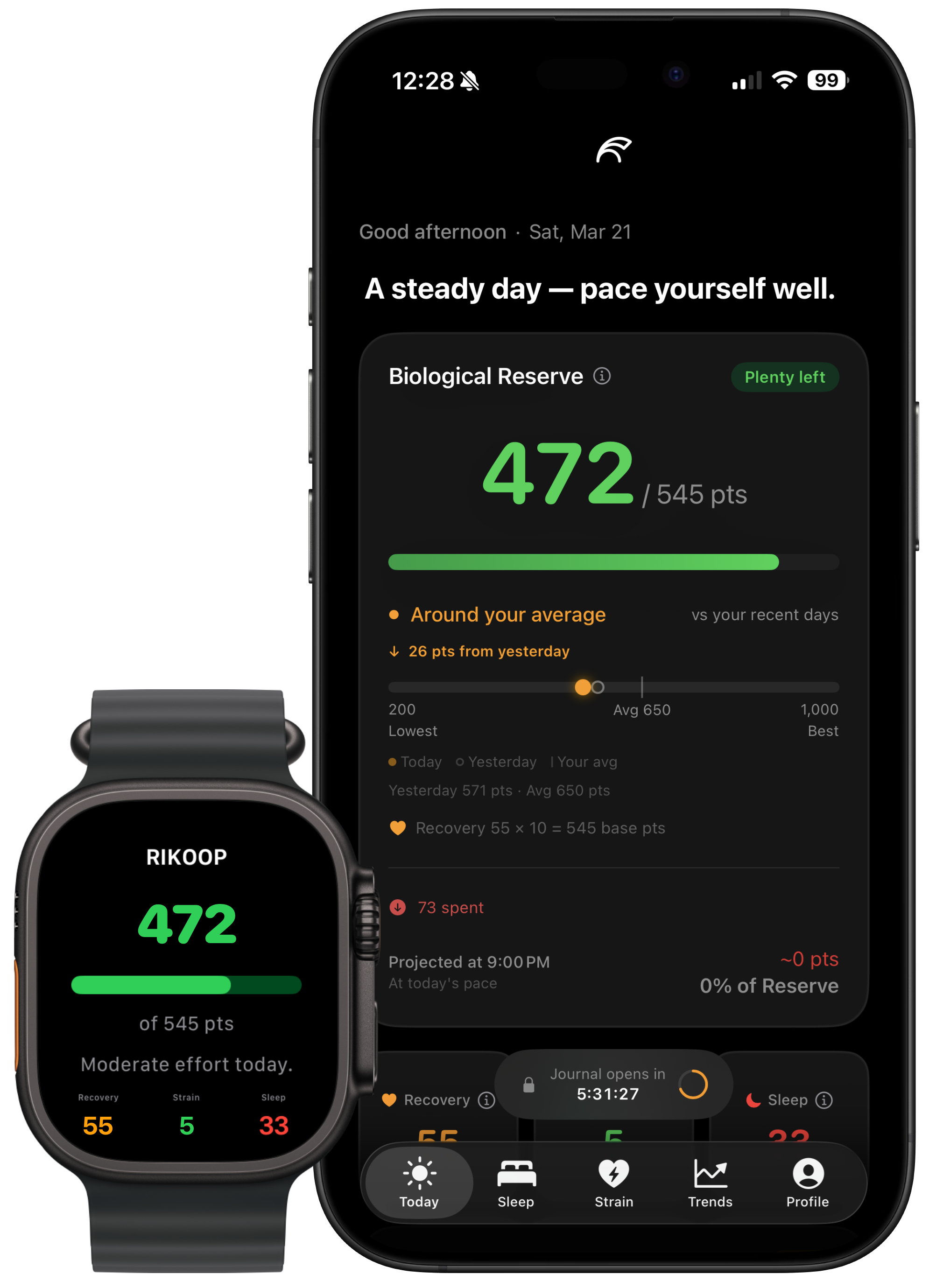 RIKOOP app on iPhone and Apple Watch showing Biological Reserve score of 472